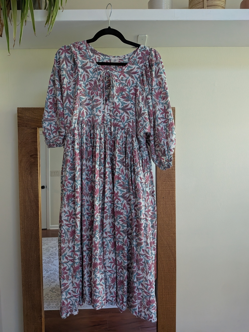 Indian Block Print Cotton Midi Dress Top in Pink & Teal, S/M